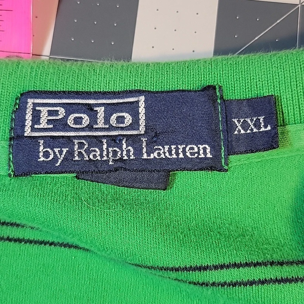 VINTAGE POLO‎ BY RALPH LAUREN Blue/Green Striped Men's 2 Button Polo Shirt XXL